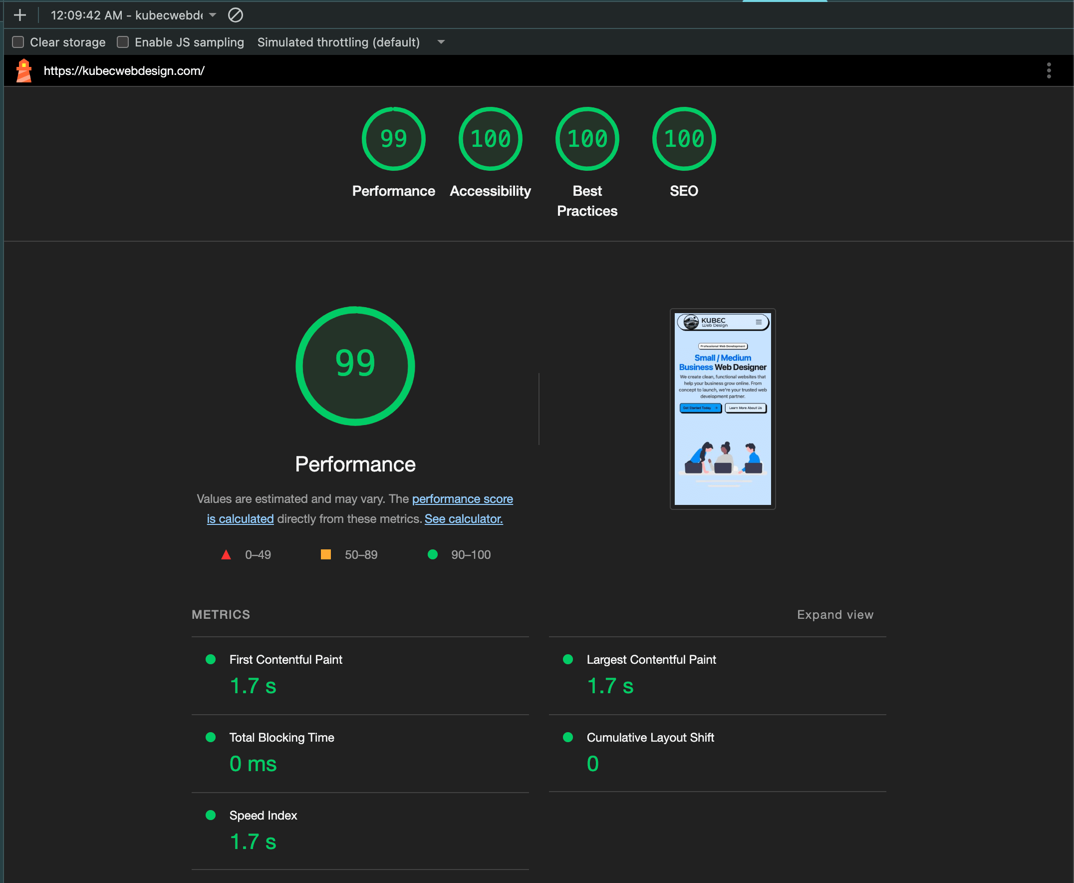 Showcase of a fast loading website performance scores on Google PageSpeed Insights